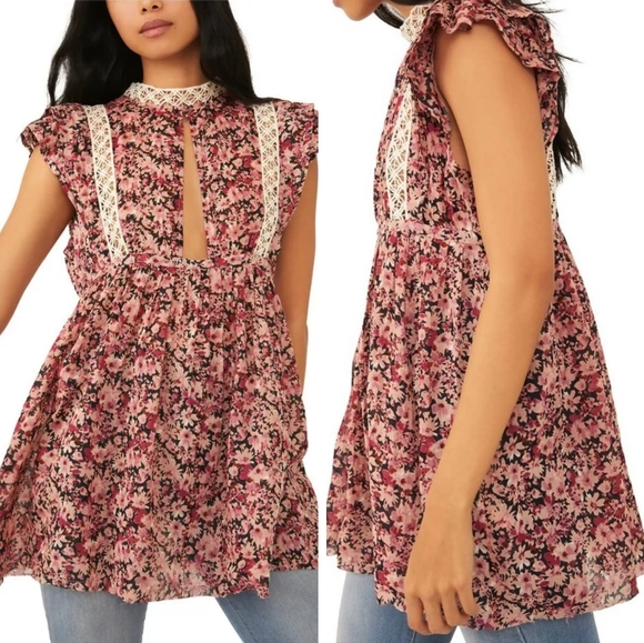 Free People Tunic Eva Floral Crochet Babydoll Tunic Dress Cherry Pink Small NWT - Picture 5 of 11